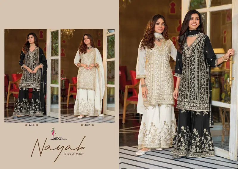 Stylish Eba Nayaab Black And White Chinon Embroidered Salwar Suits Wholesale 2026