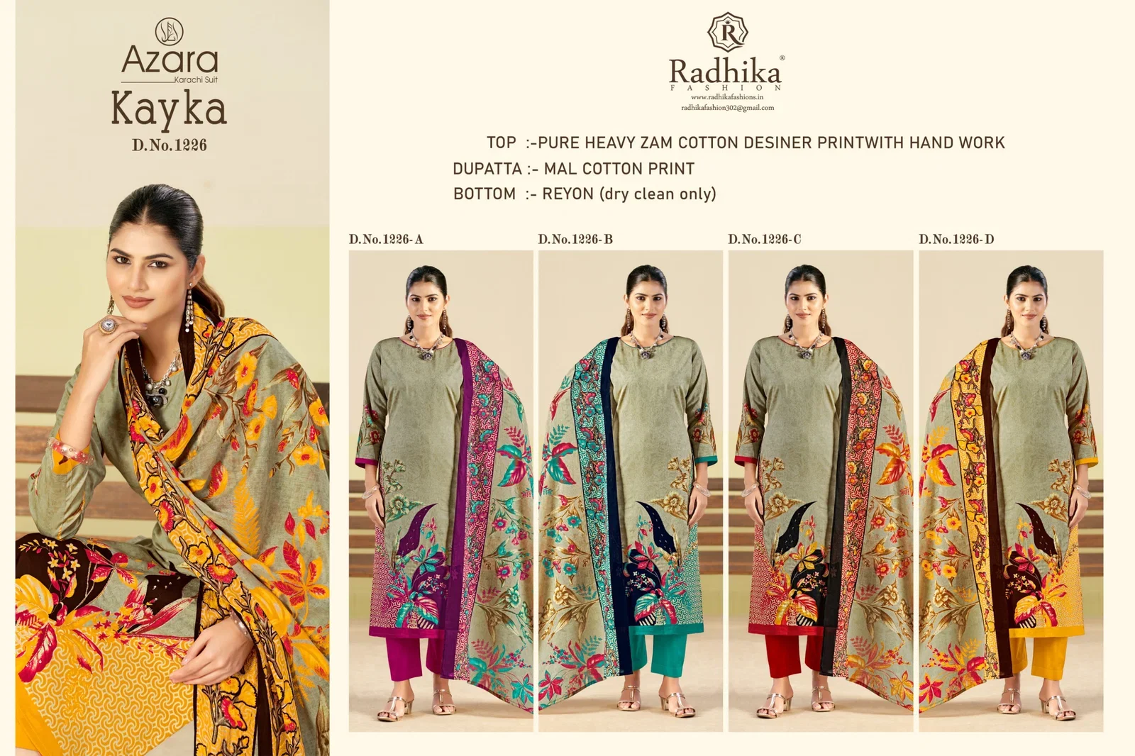 Latest Radhika Azara Kayka 1226 A To D Zam Cottom Designer Printed Dress Materials Wholesale 2026