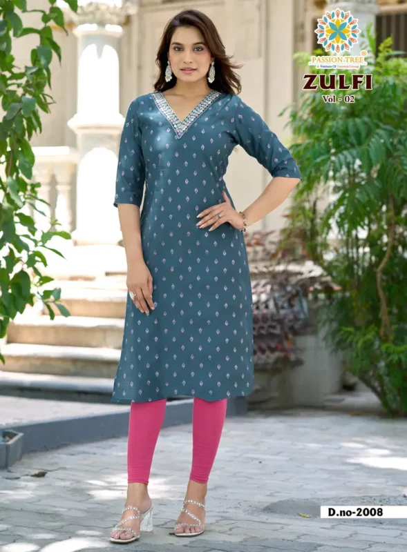 Stylish Zulfi Vol 2 By Passion Tree Veritcan Print Embroidered Straight Kurti Collection Wholesale 2026