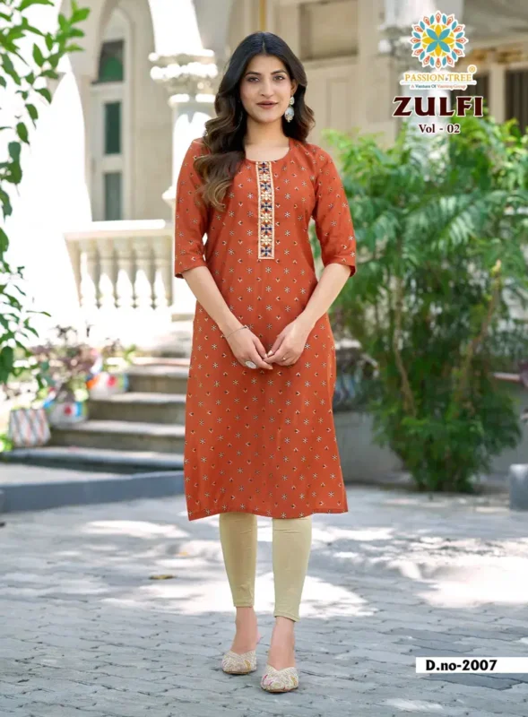 Stylish Zulfi Vol 2 By Passion Tree Veritcan Print Embroidered Straight Kurti Collection Wholesale 2026
