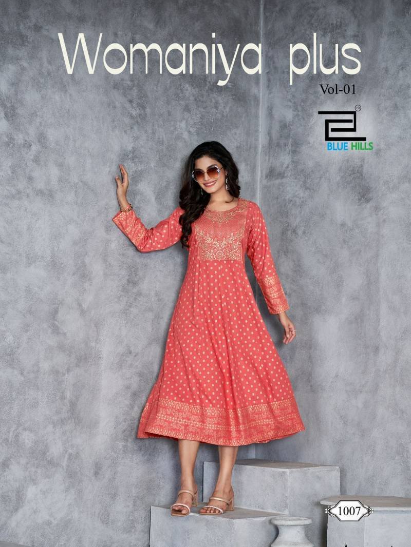 Blue Hills Womaniya Plus Vol 1 Rayon Designer Kurti Collection Wholesale