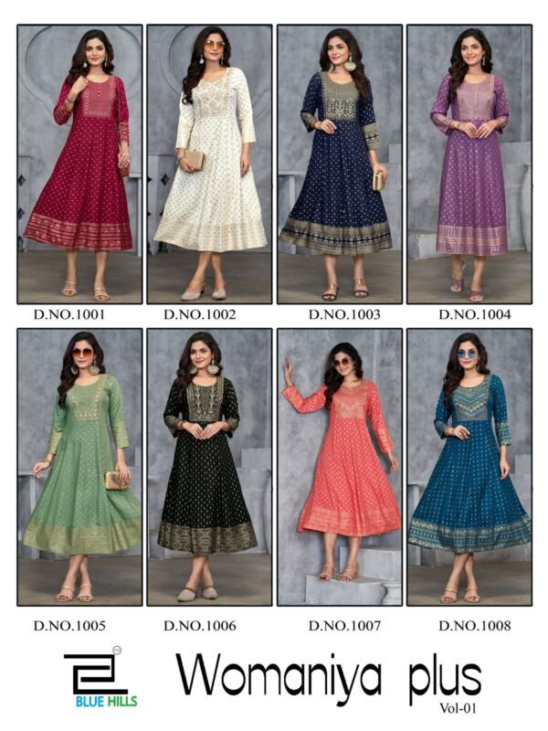 Launching Blue Hills Womaniya Plus Vol 1 Rayon Designer Kurti Collection Wholesale 2026