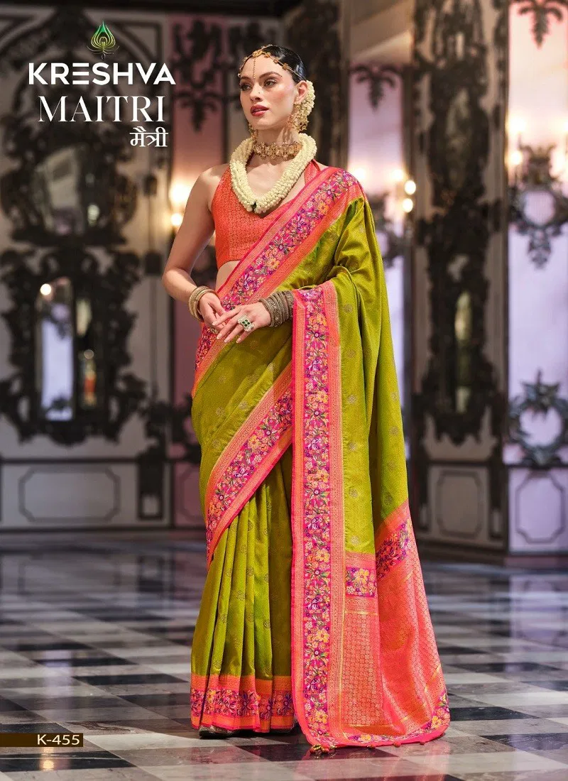 Mehendi Colour Maitri By Kreshva K-455 Banarasi Silk Saree Wholesale Shop Wholesale