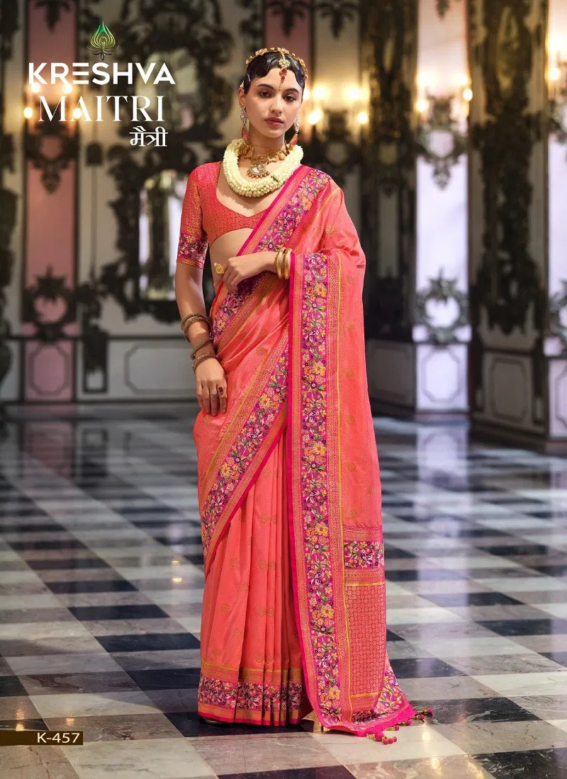 Beautiful Peach Colour Maitri By Kreshva K-457 Banarasi Silk Saree Wholesale 2026