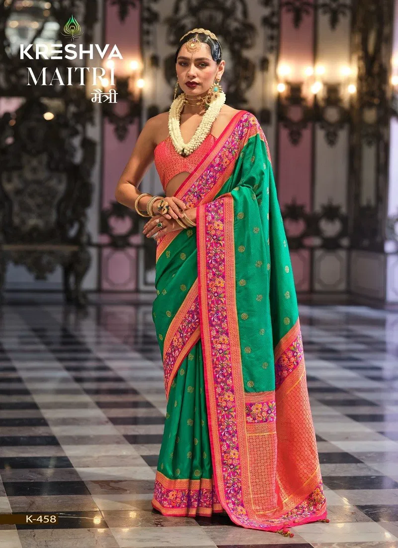 Latest Green Colour Maitri By Kreshva K-458 Banarasi Silk Saree Wholesale 2026