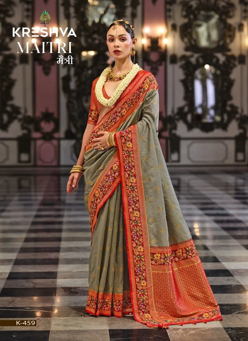 Grey Colour Maitri By Kreshva K-459 Banarasi Silk Saree Wholesale
