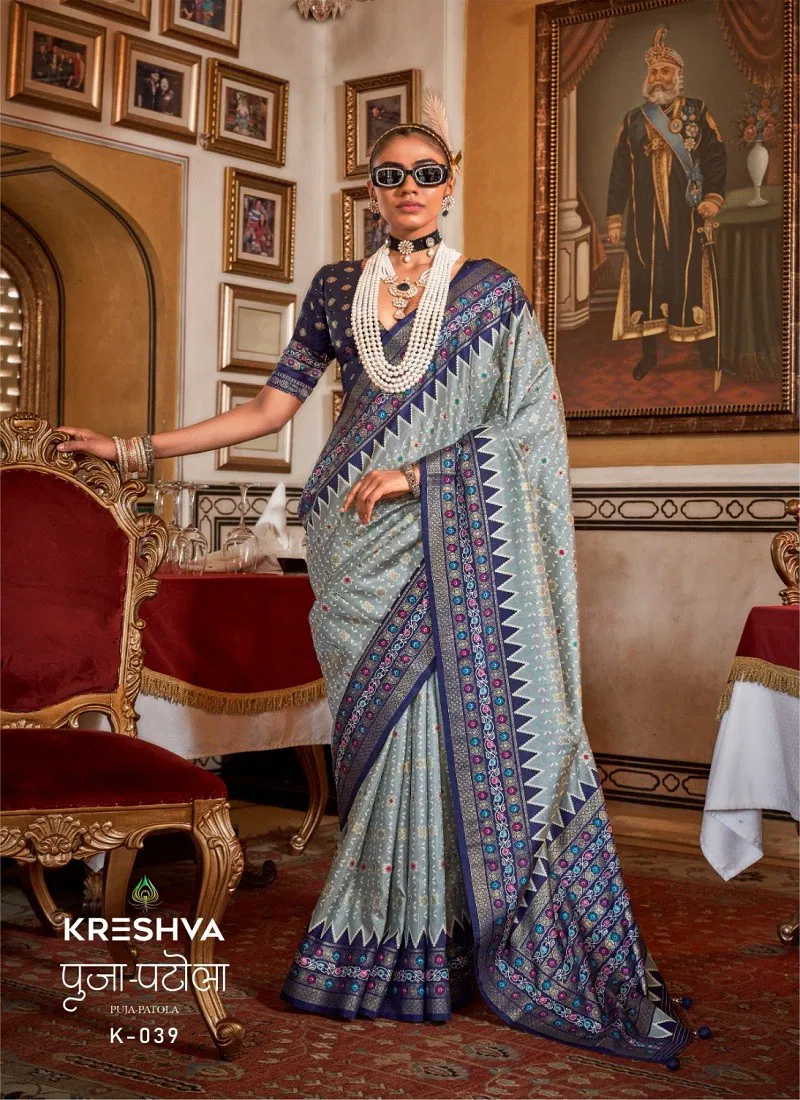 Blue And Grey Colour Puja Patola By Kreshva K-039 Sigma Silk Saree Wholesale