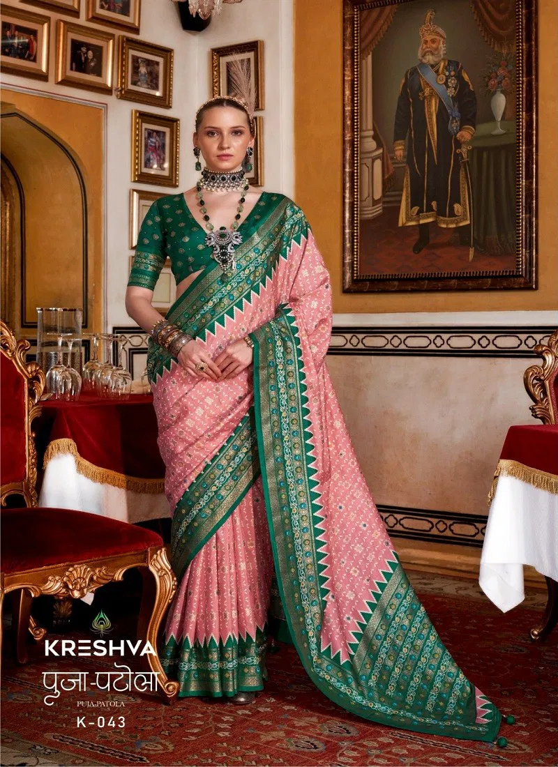 Peach And Green Colour Puja Patola By Kreshva K-043 Sigma Silk Saree Wholesale