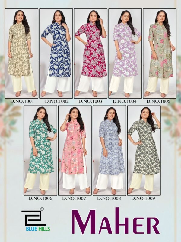 Latest Blue Hills Maher Rayon Printed Kurti Collection Wholesale 2026