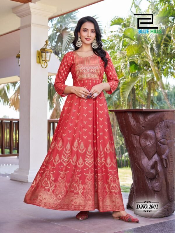 Beautiful Blue Hills Pushpa 2 Rayon Printed Anarkali Gown Collection Wholesale 2026