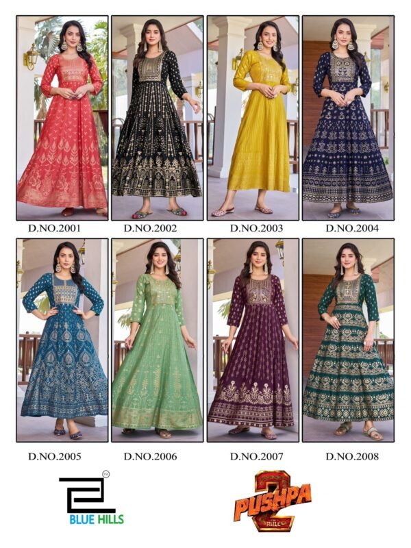 Beautiful Blue Hills Pushpa 2 Rayon Printed Anarkali Gown Collection Wholesale 2026
