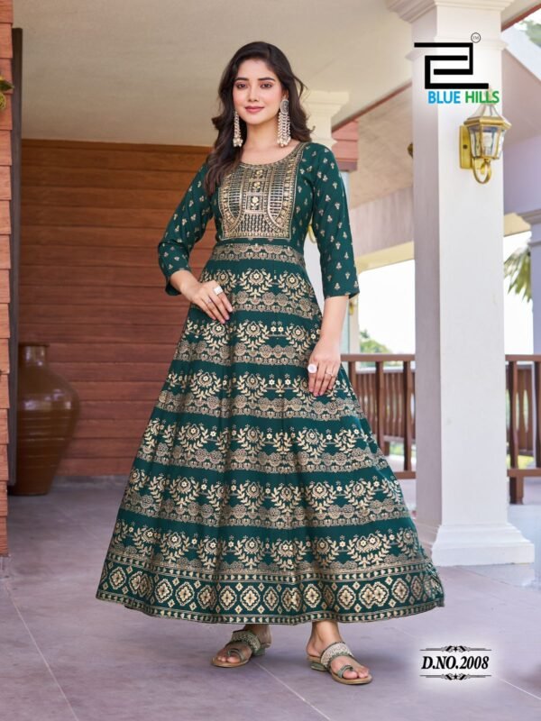Beautiful Blue Hills Pushpa 2 Rayon Printed Anarkali Gown Collection Wholesale 2026