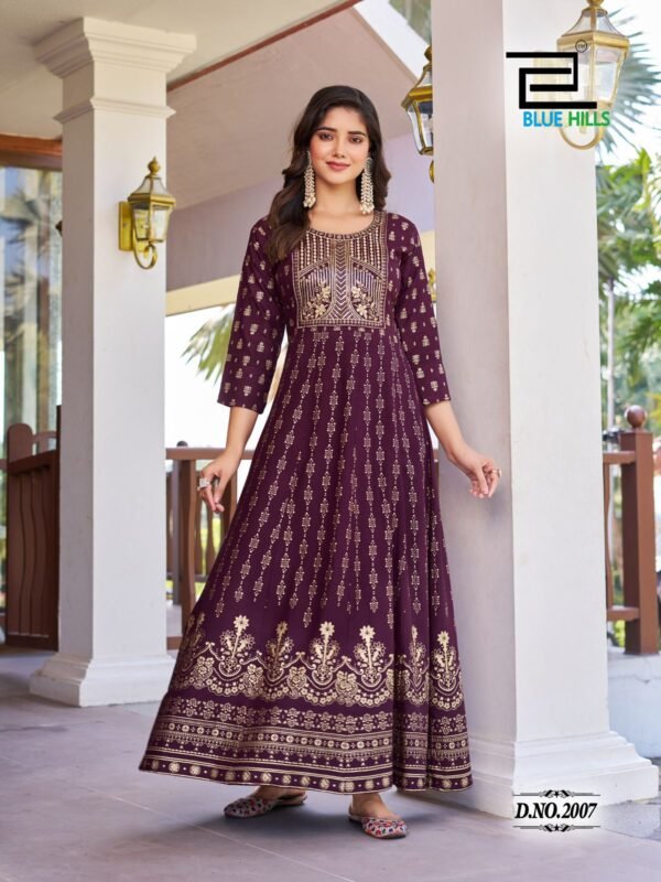 Beautiful Blue Hills Pushpa 2 Rayon Printed Anarkali Gown Collection Wholesale 2026