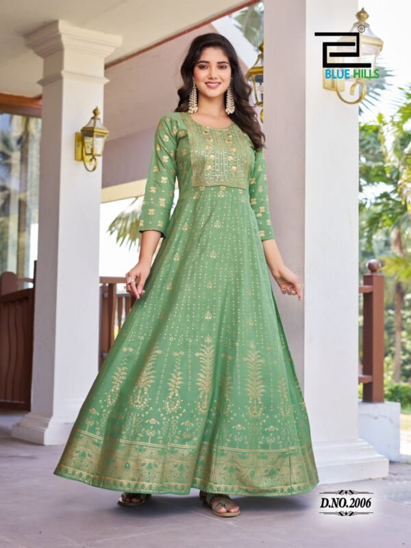 Beautiful Blue Hills Pushpa 2 Rayon Printed Anarkali Gown Collection Wholesale 2026