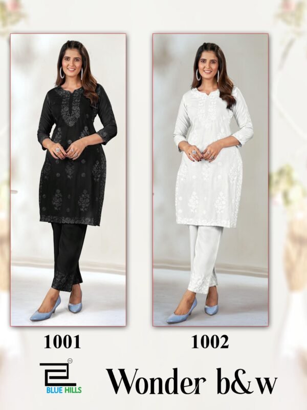 Stylish Blue Hills Wonder Black And White Rayon Kurti With Bottom Wholesale 2026