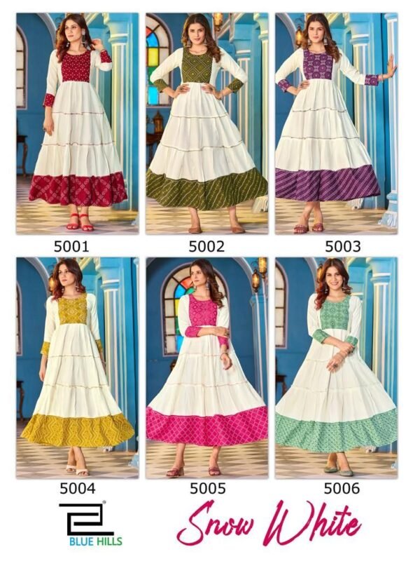 Beautiful Blue Hills Snow White Rayon Long Anarkali Kurti Wholesale 2026