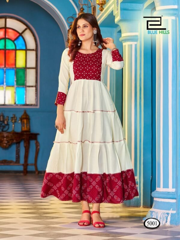 Beautiful Blue Hills Snow White Rayon Long Anarkali Kurti Wholesale 2026