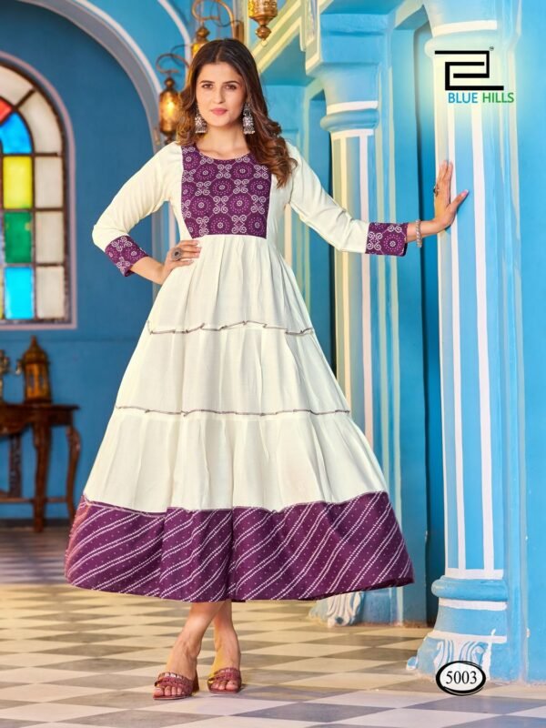 Beautiful Blue Hills Snow White Rayon Long Anarkali Kurti Wholesale 2026