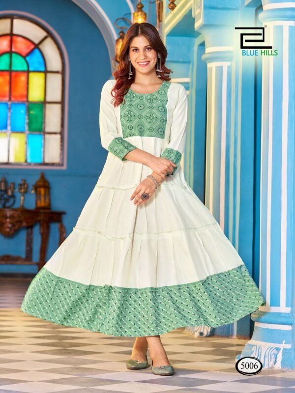 Beautiful Blue Hills Snow White Rayon Long Anarkali Kurti Wholesale 2026