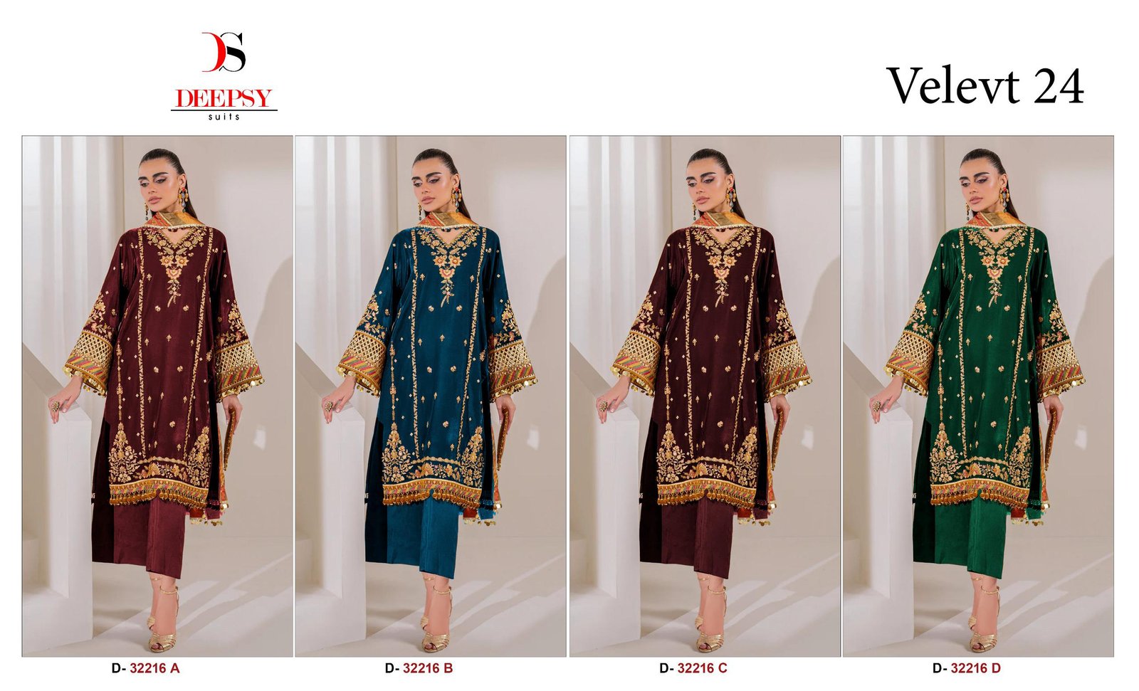 Deepsy Velvet 24 Series 32216 A To D Pakistani Salwar Suit Wholesale