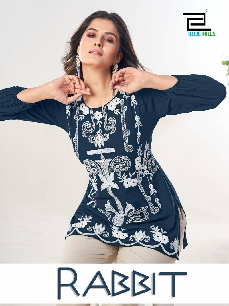 Blue Hills Rabbit Rayon With Embroidery Work Tops Collection Wholesale