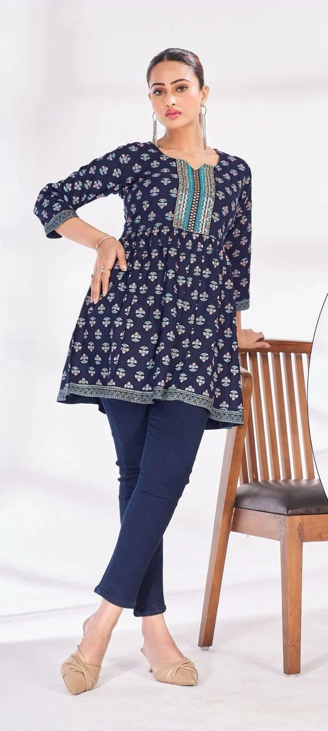 Blue Hills Toppr Vol 1 Rayon Embroidered Short Kurti Collection Wholesale