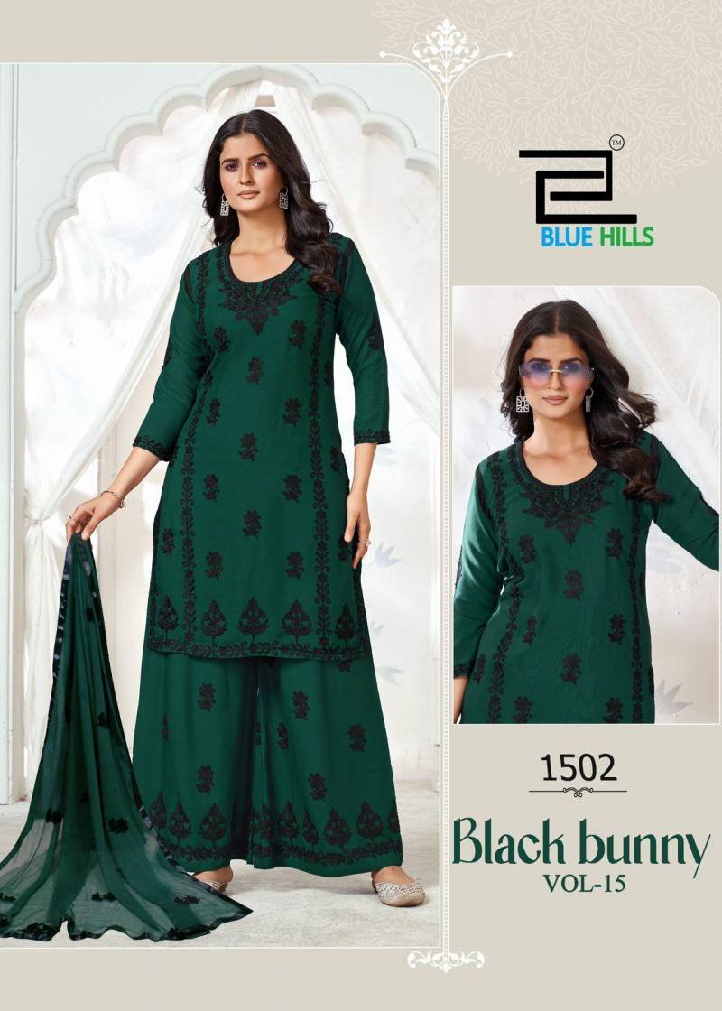 Stylish Blue Hills Black Bunny Vol 15 Rayon Kurti Bottom With Dupatta Wholesale 2026
