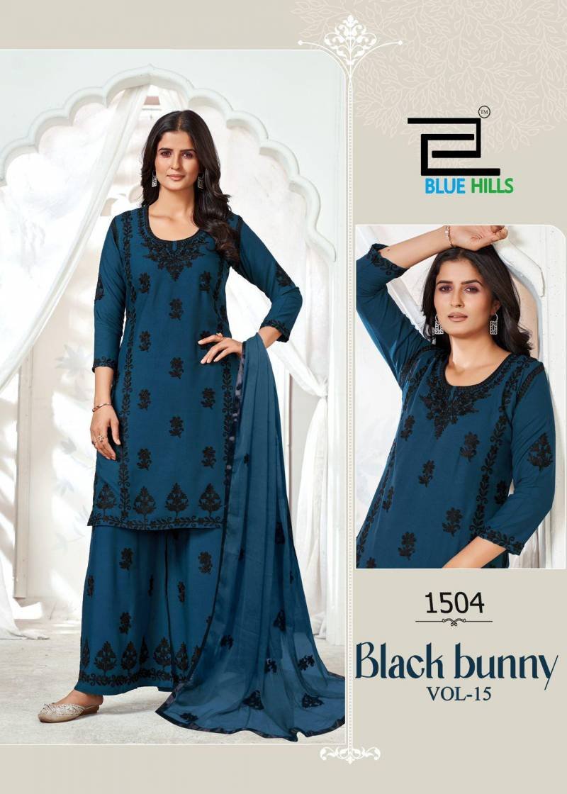 Stylish Blue Hills Black Bunny Vol 15 Rayon Kurti Bottom With Dupatta Wholesale 2026