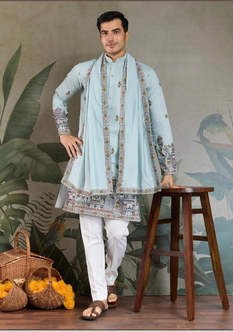 Shubhvastra Rajwada Attire 3 Viscose Silk Mens Kurta With Dupatta Wholesale
