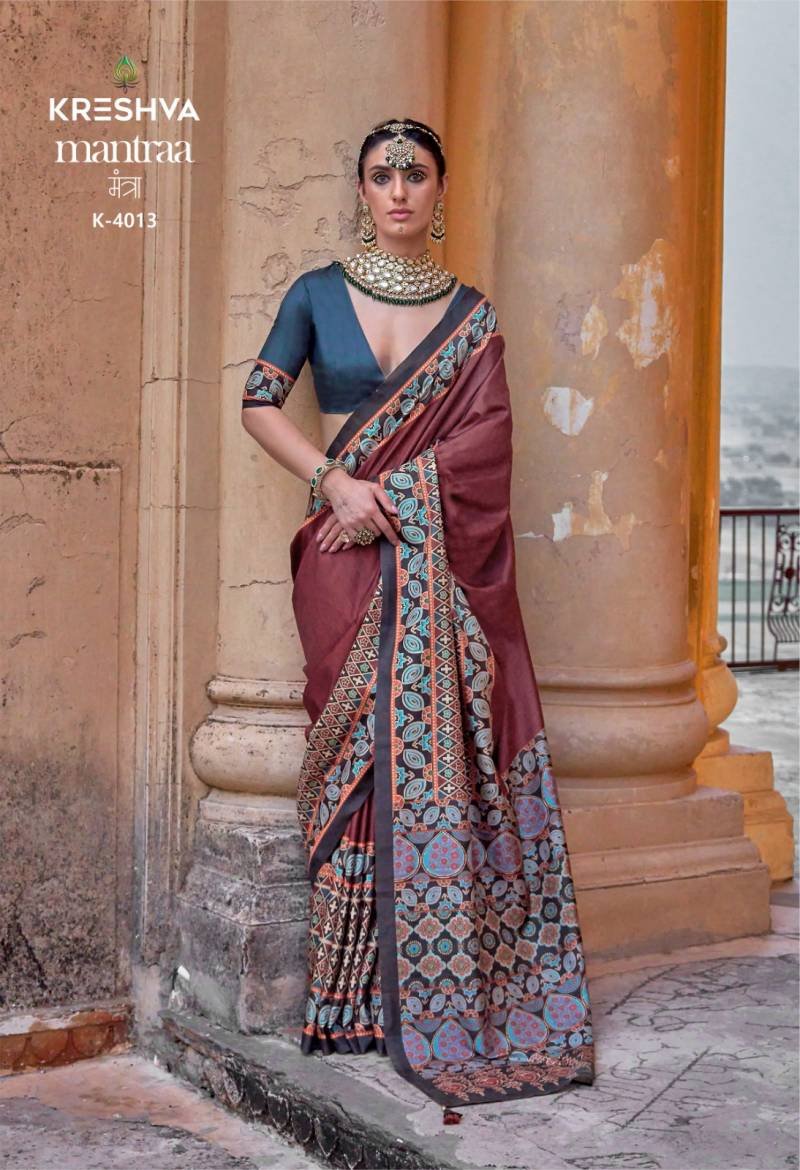 Kreshva Mantraa Pv Silk Ajarakh Printed Saree Wholesale
