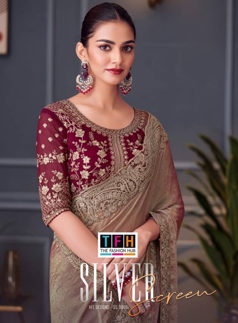 Tfh Silver Screen 30011 Hit Glass Feel Silk Designer Saree Collection Wholesale