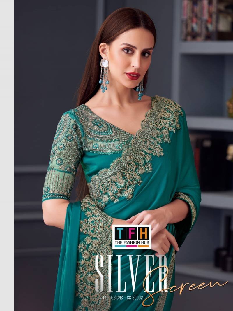 Tfh Silver Screen Hit 30002 Silk Chiffon Party Wear Saree Collection Wholesale