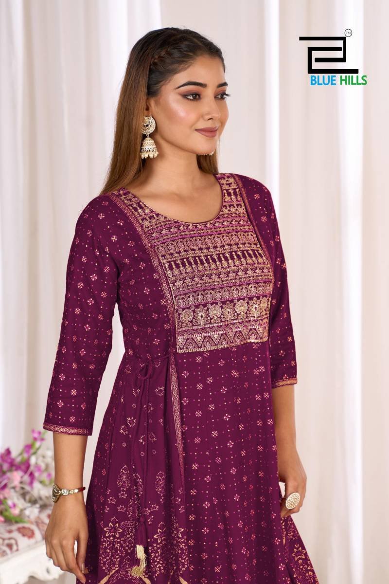 Blue Hills Sreeleela Rayon Anarkali Gown Embroidery Kurti Collection Wholesale