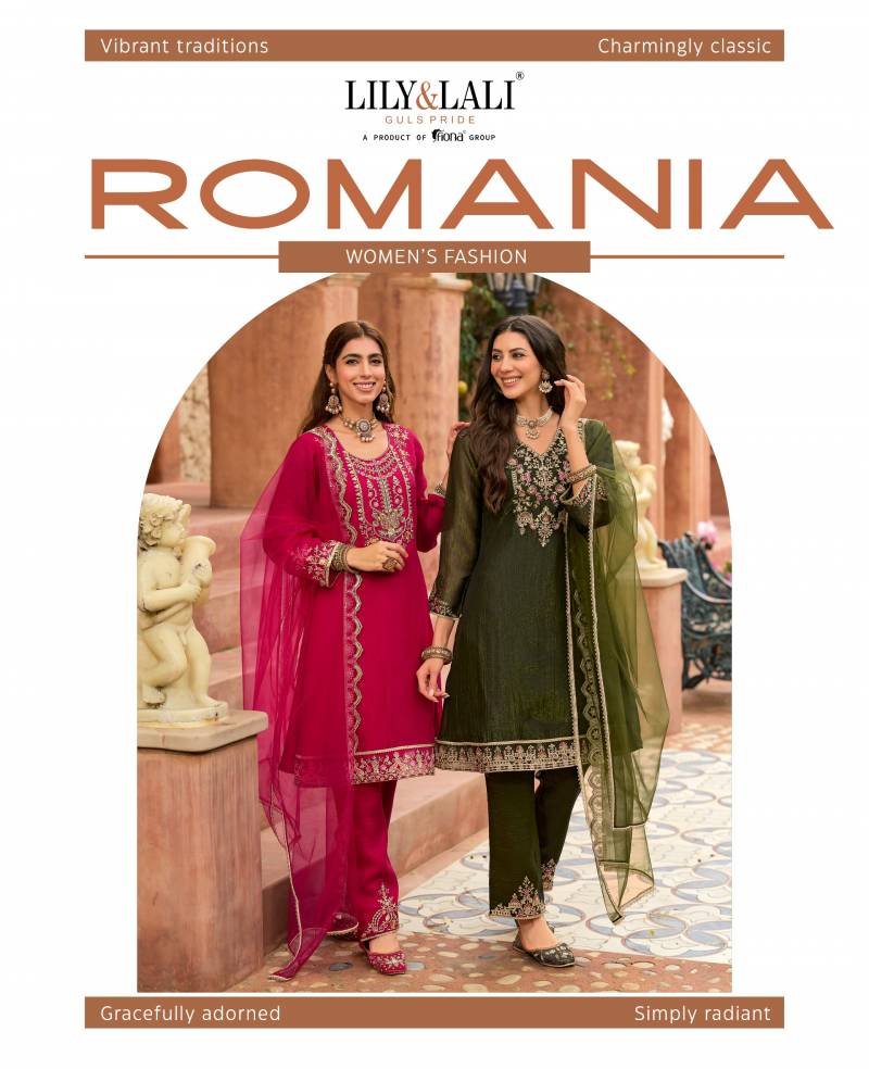 Lily And Lali Romania Silk Embroidery Handwork Kurti Pant And Dupatta Collection Wholesale
