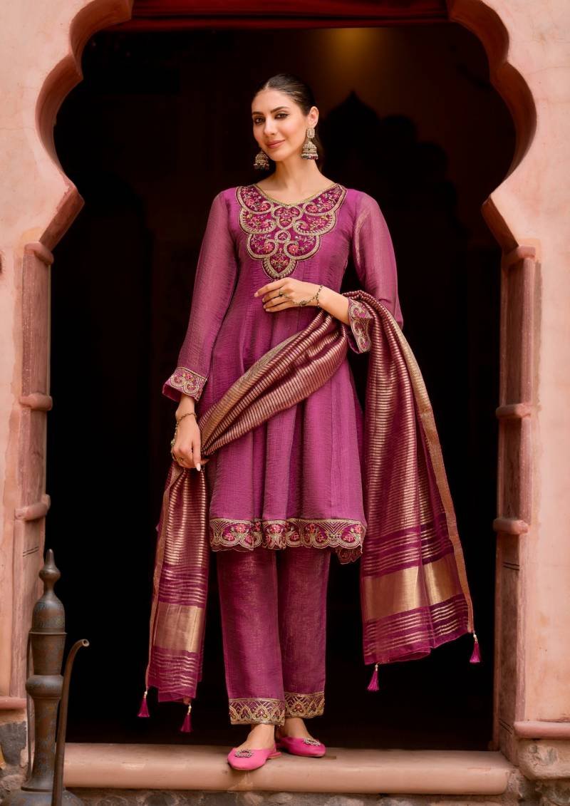 Lily And Lali Vaani Silk Embroidery And Handwork Kurti Pant Dupatta Wholesale