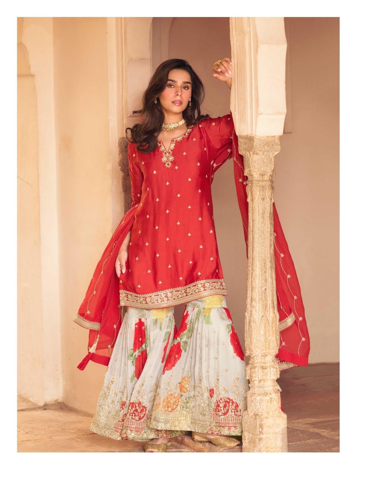 Latest Sayuri Safar Chinon Silk Embroidered Sharara Suit Collection Wholesale 2026