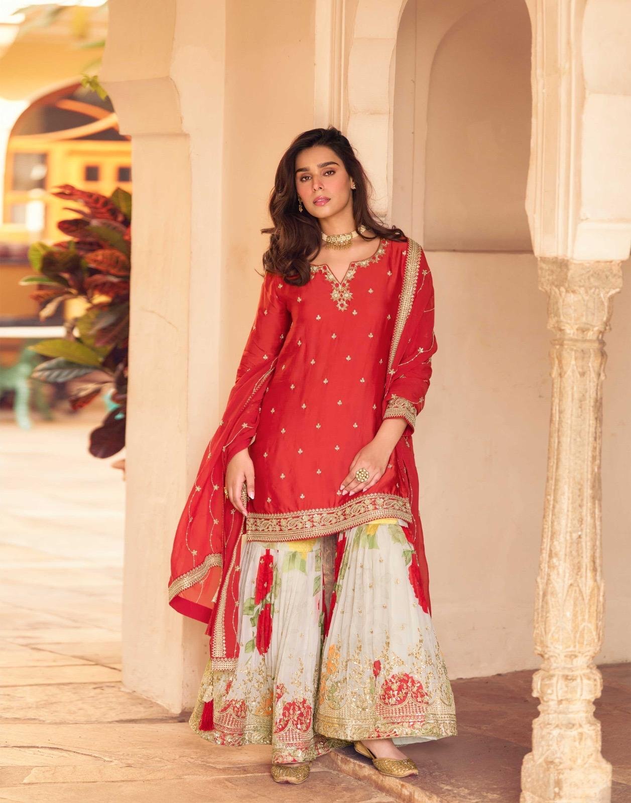 Latest Sayuri Safar Chinon Silk Embroidered Sharara Suit Collection Wholesale 2026
