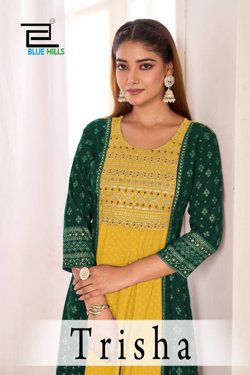 Blue Hills Trisha Rayon Anarkali Embroidery Work Kurtis Collection Wholesale