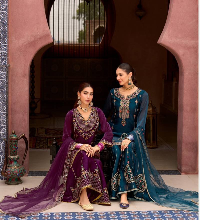 Lily And Lali Andorra Fancy Silk Embroidery Work Kurti Pant And Dupatta Wholesale