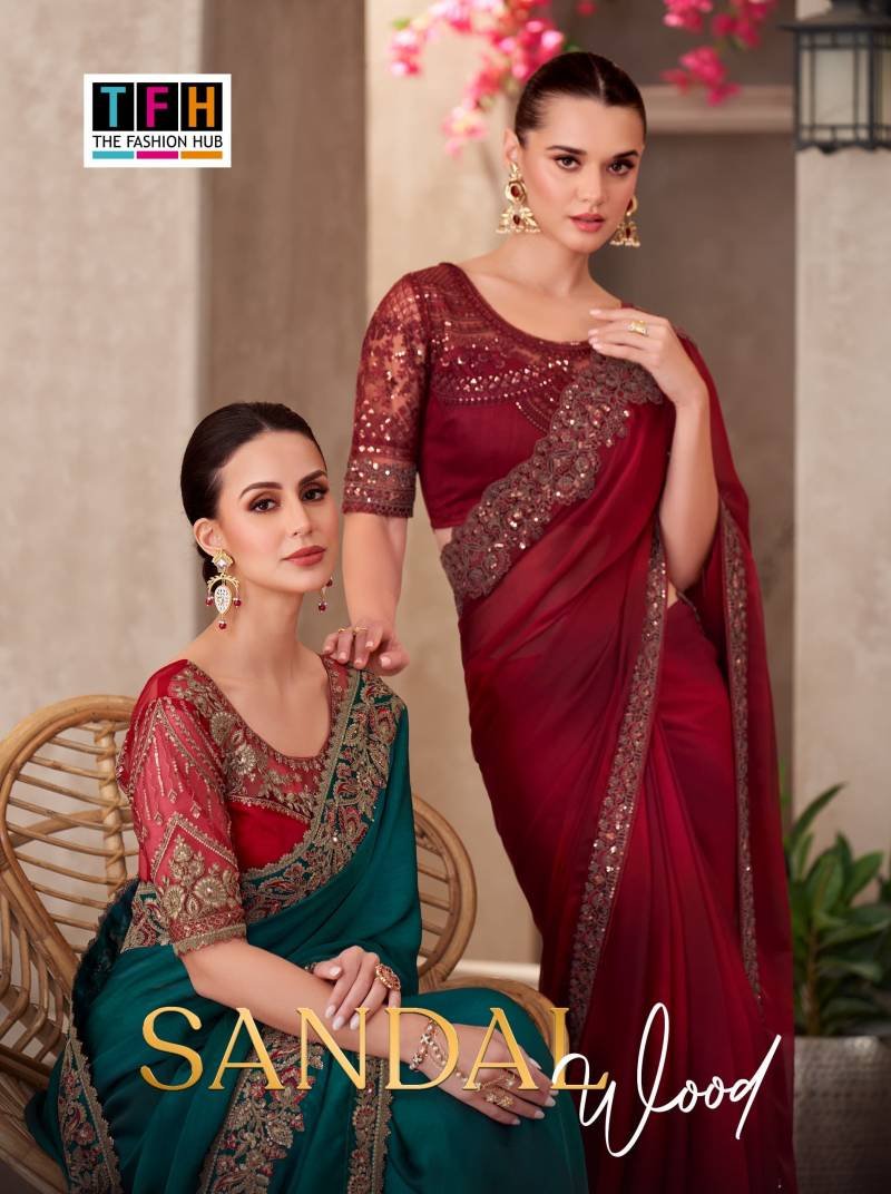 Tfh Sandal Wood 15 Designer Party Wear Fancy Saree Collection Wholesale