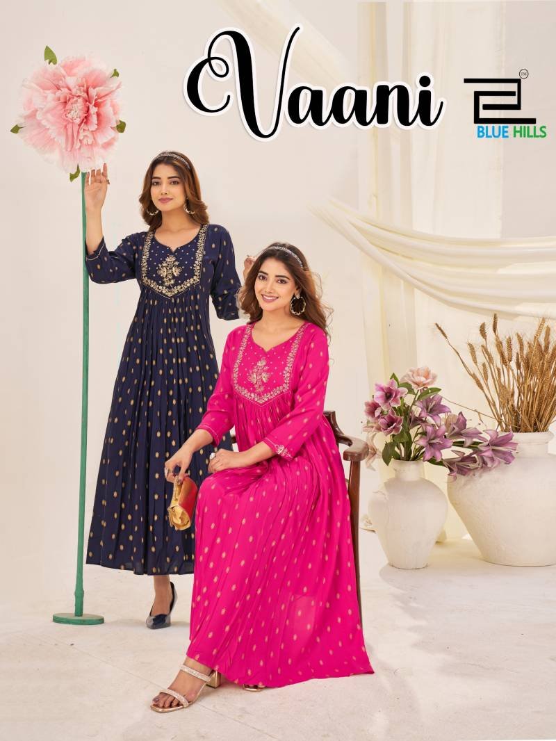 Blue Hills Vaani Rayon With Foil Printed Anarkali Kurtis Collection Wholesale