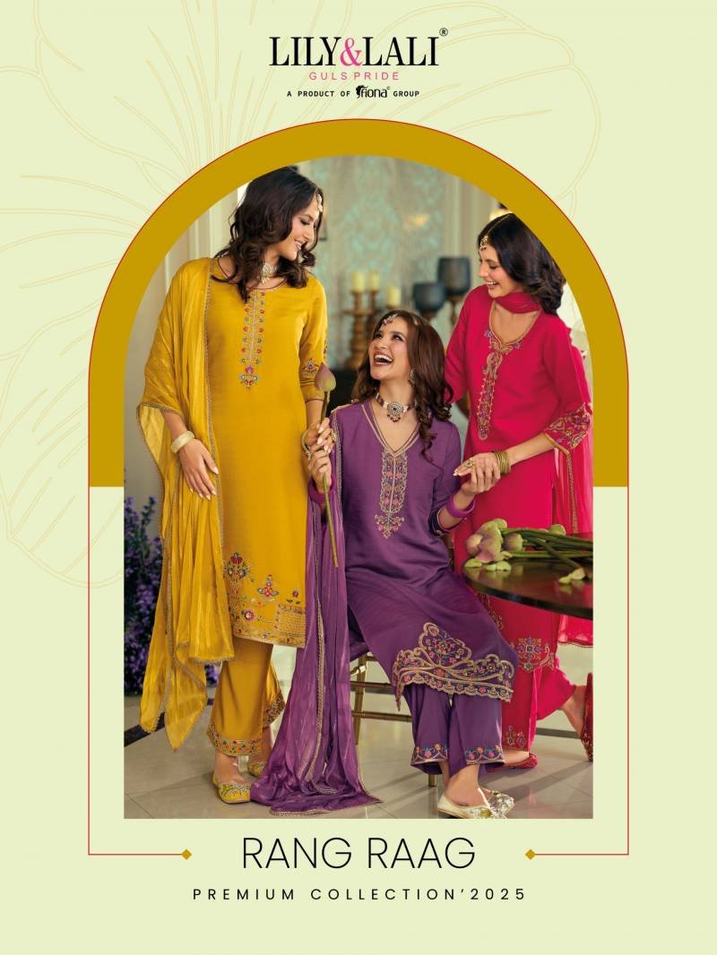 Lily And Lali Rang Rang Viscose Fancy Silk Embroidery Kurti Pant And Dupatta Wholesale