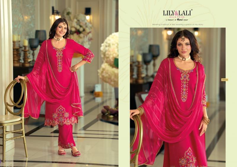 Beautiful Lily And Lali Rang Rang Viscose Fancy Silk Embroidery Kurti Pant And Dupatta Wholesale 2026