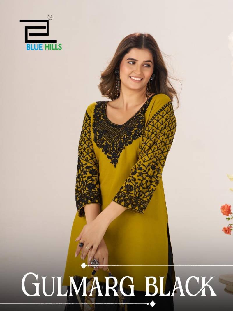 Blue Hills Gulmarg Black Rayon Chain Work Short Kurti Collection Wholesale
