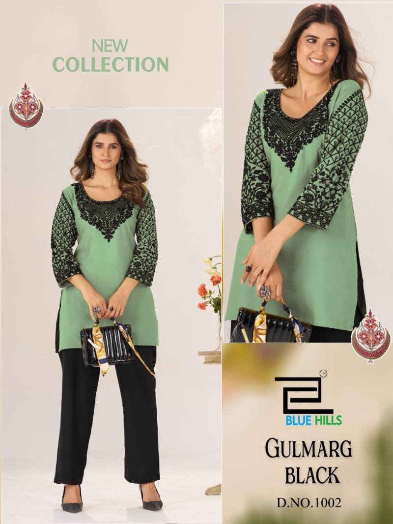 Latest Blue Hills Gulmarg Black Rayon Chain Work Short Kurti Collection Wholesale 2026