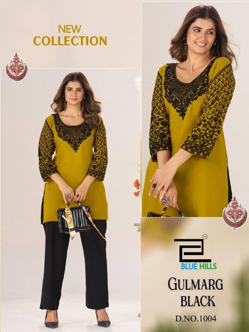 Latest Blue Hills Gulmarg Black Rayon Chain Work Short Kurti Collection Wholesale 2026