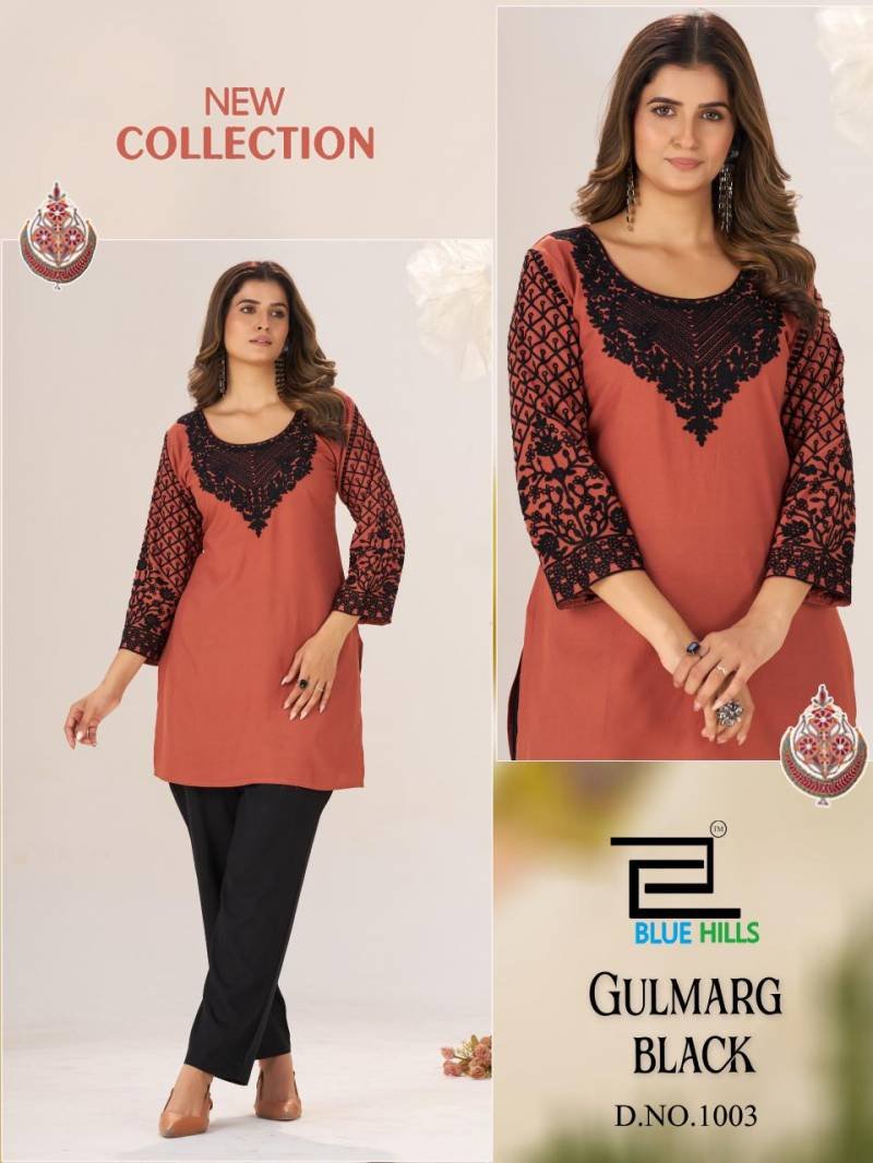 Latest Blue Hills Gulmarg Black Rayon Chain Work Short Kurti Collection Wholesale 2026