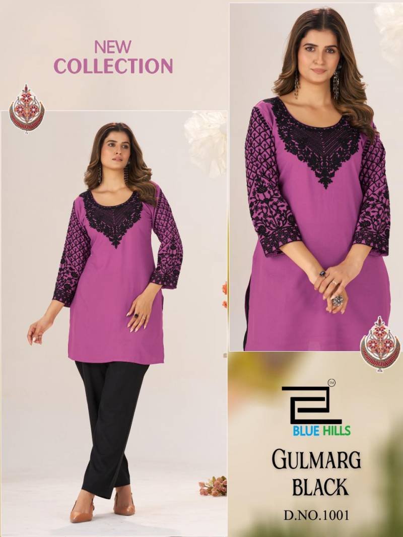 Latest Blue Hills Gulmarg Black Rayon Chain Work Short Kurti Collection Wholesale 2026