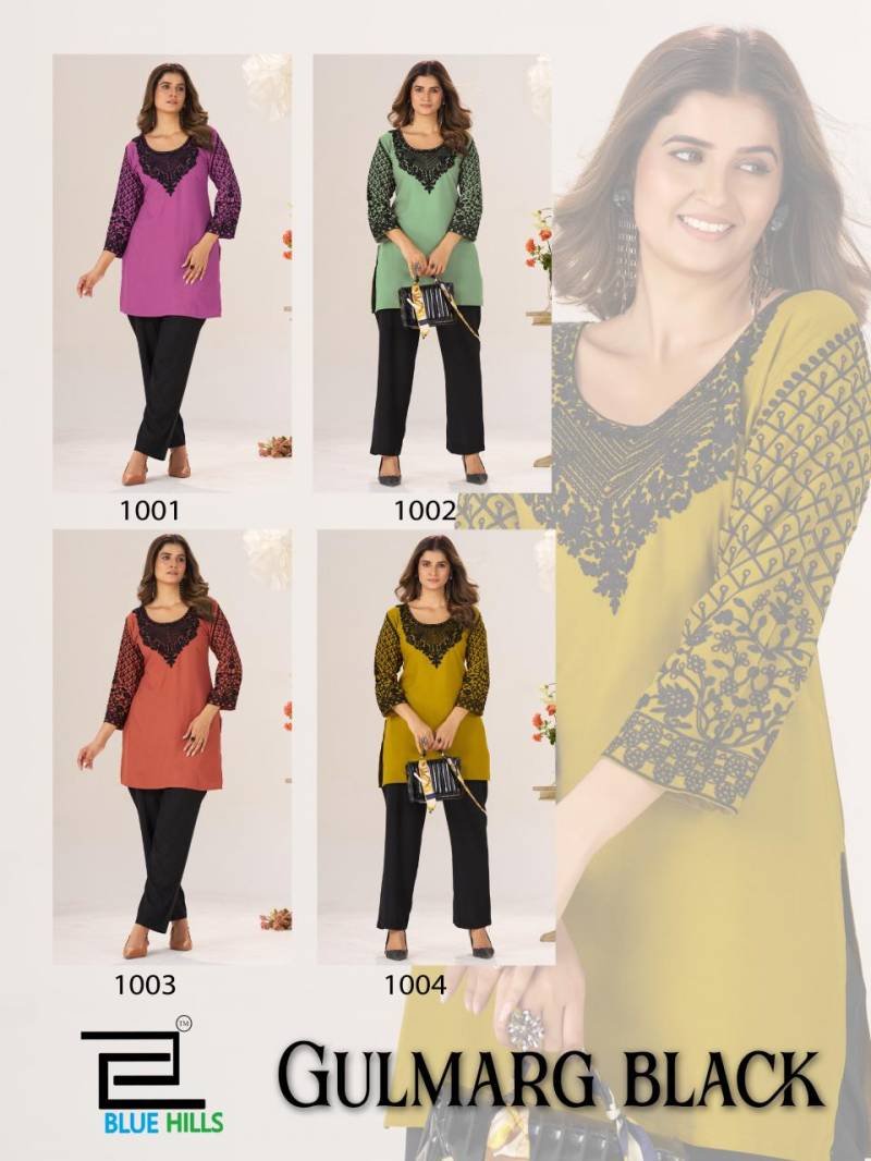 Latest Blue Hills Gulmarg Black Rayon Chain Work Short Kurti Collection Wholesale 2026