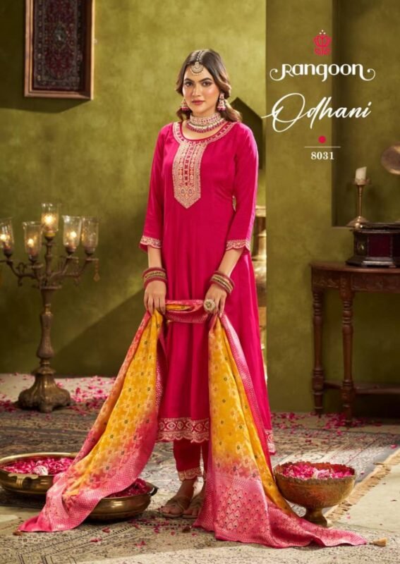 Latest Rangoon Odhani Chinon Silk With Fancy Work Kurti Pant And Dupatta Wholesale 2026